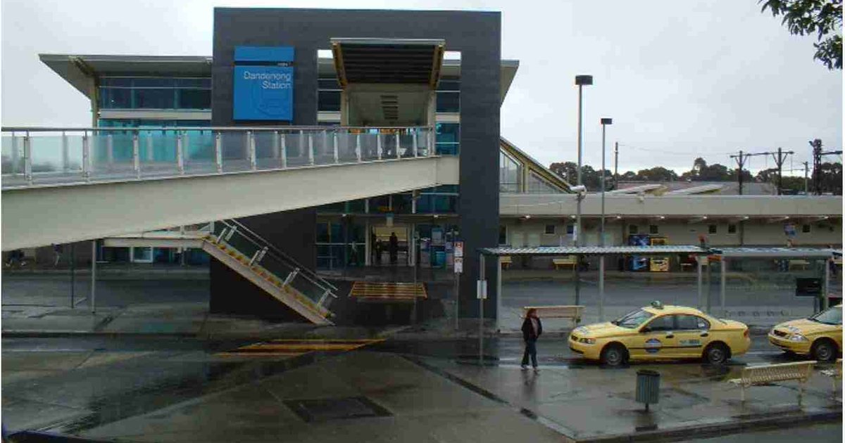Taxis waiting at the rank outside Dandenong Station, the train and bus interchange in central Dandenong