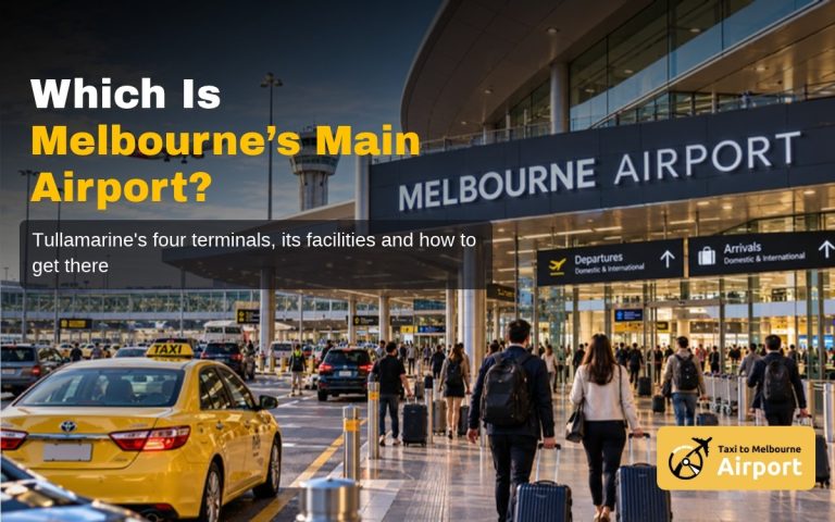 Taxi and travellers outside the Melbourne Airport terminal at Tullamarine