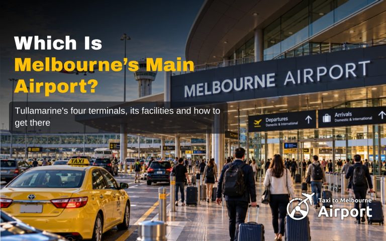 Taxi and travellers outside the Melbourne Airport terminal at Tullamarine