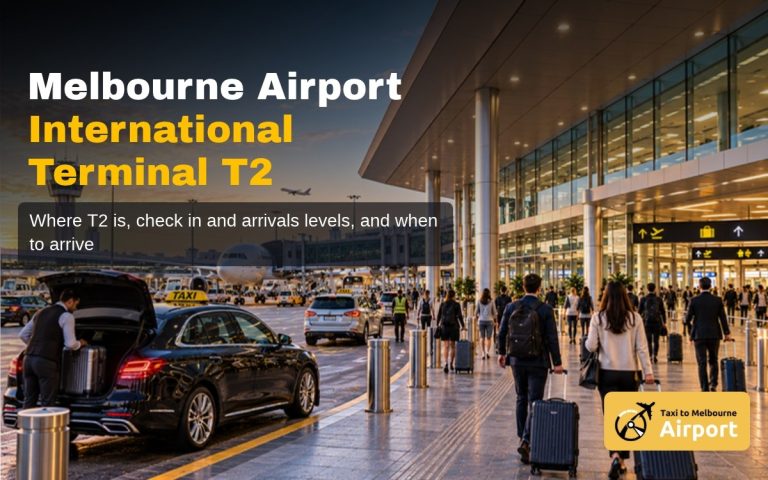 Travellers and a taxi at the kerb outside Melbourne Airport international Terminal 2