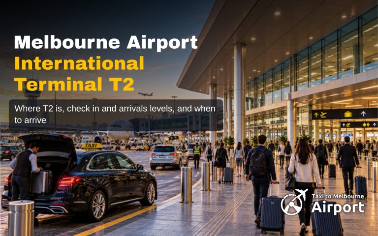 Travellers and a taxi at the kerb outside Melbourne Airport international Terminal 2